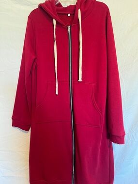 Red Long Hooded Zip-Up Women's Jacket